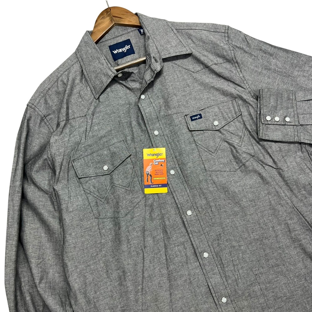 Wrangler Cowboy Cut Western Work Shirt XLT Gray Pearl Snap Long Sleeve Rodeo